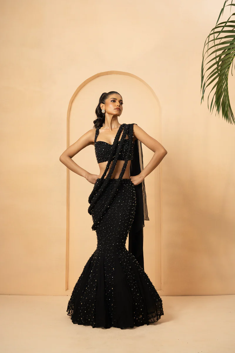 Midnight Blue Shimmer Organza Lehenga Set Black Thread Co 3
