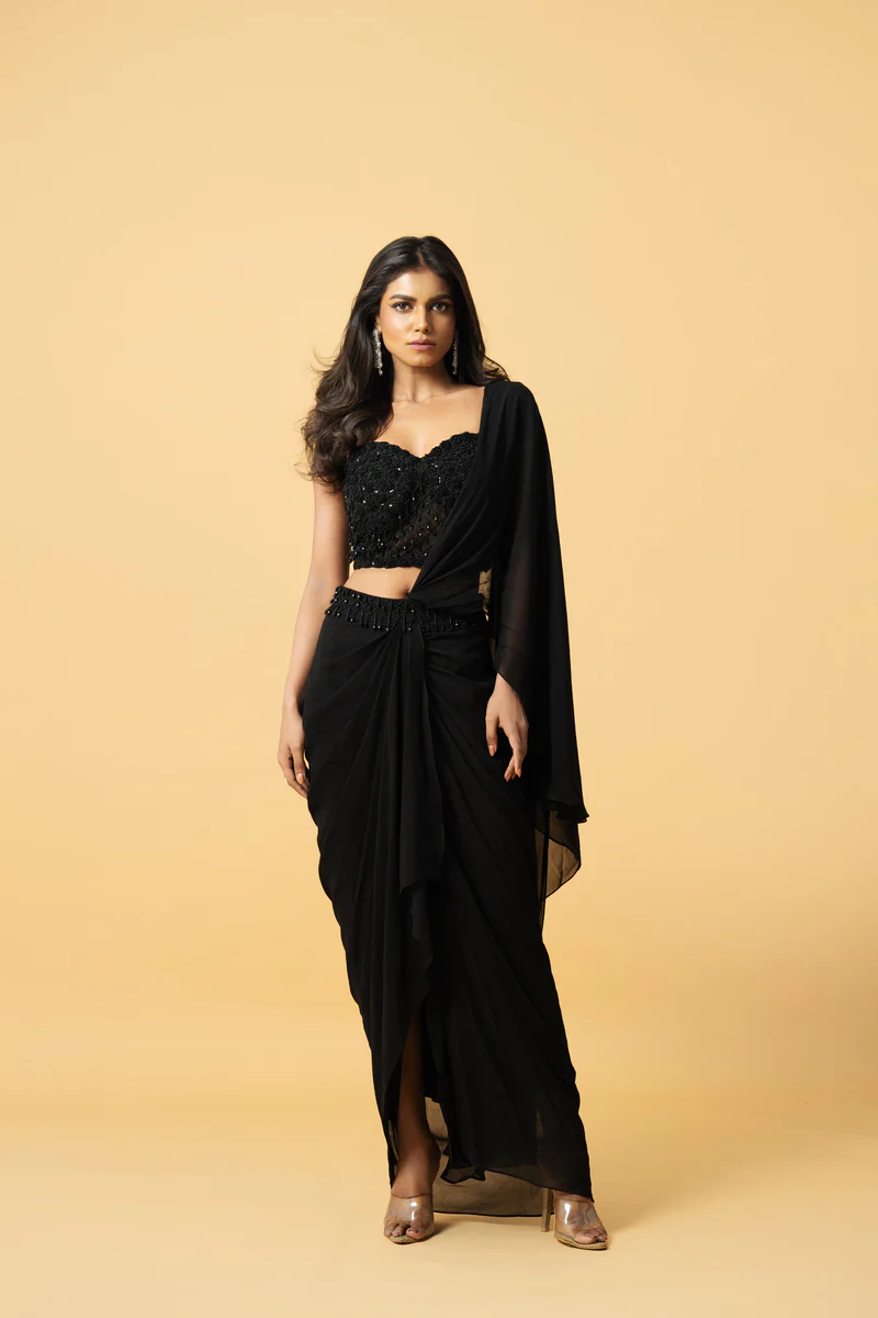 Orange Hand-Embroidered Saree Black Thread Co 3