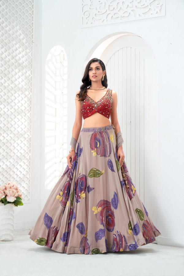 Mauve Hand Painted Lehenga and Embroidered Red Blouse Set Black Thread Co Mauve Hand Painted Lehenga and Embroidered Red Blouse Set Black Thread Co