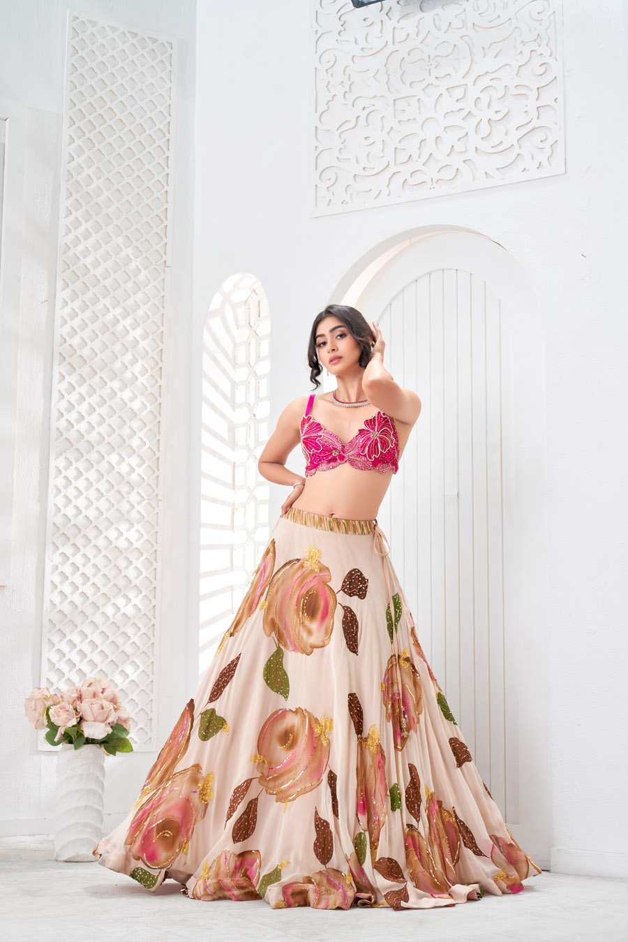 Mauve Hand Painted Lehenga and Embroidered Red Blouse Set Black Thread Co