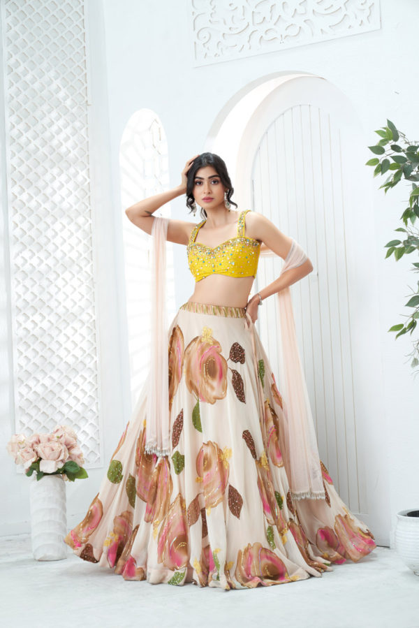 Baby Pink Hand Painted Lehenga and Embroidered Yellow Blouse Set Black Thread Co Baby Pink Hand Painted Lehenga and Embroidered Yellow Blouse Set Black Thread Co