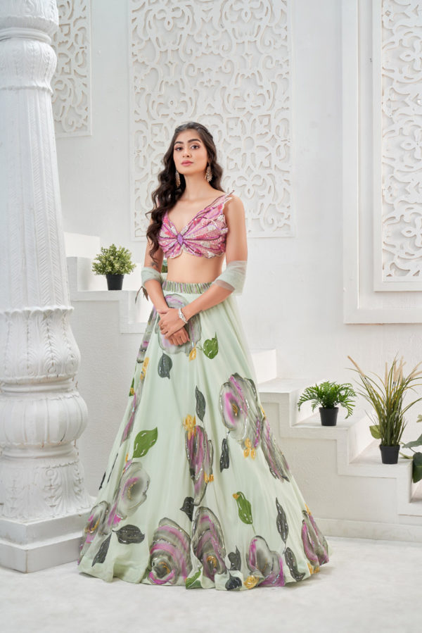 Mint Green Hand Painted Lehenga and Butterfly Blouse Set Black Thread Co Mint Green Hand Painted Lehenga and Butterfly Blouse Set Black Thread Co