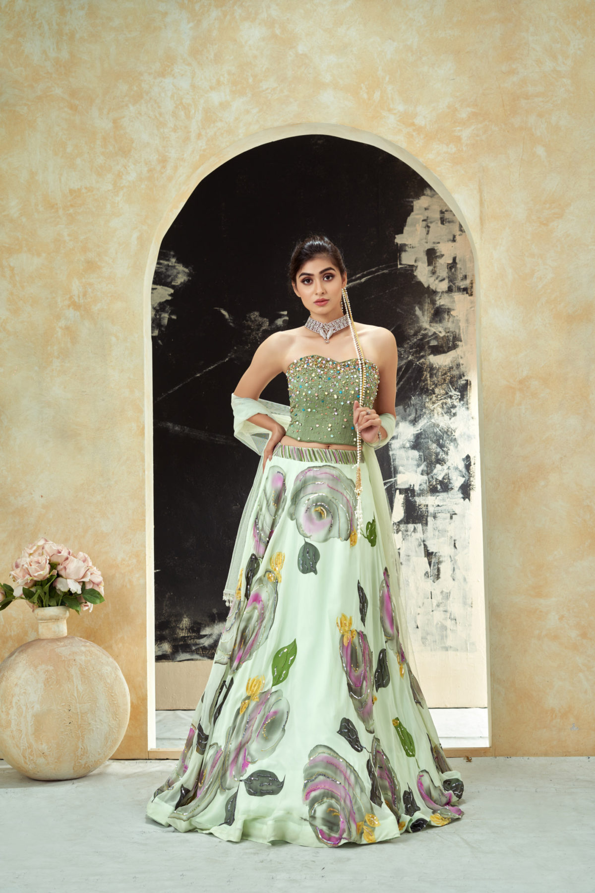 Mint Green Hand Painted Lehenga and Green Corset Set Black Thread Co