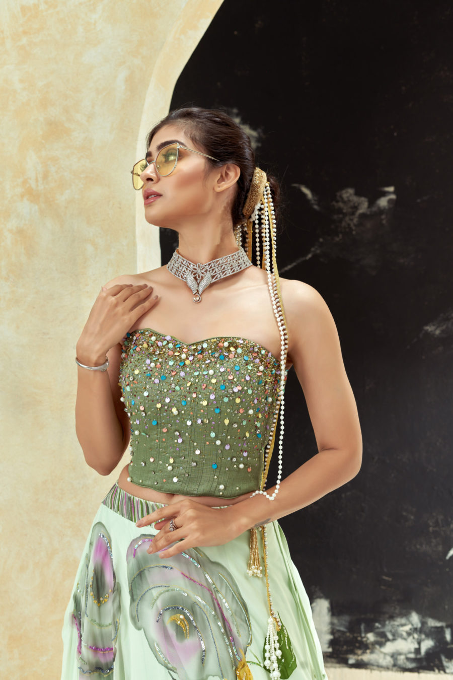 Mint Green Hand Painted Lehenga and Green Corset Set Black Thread Co 4
