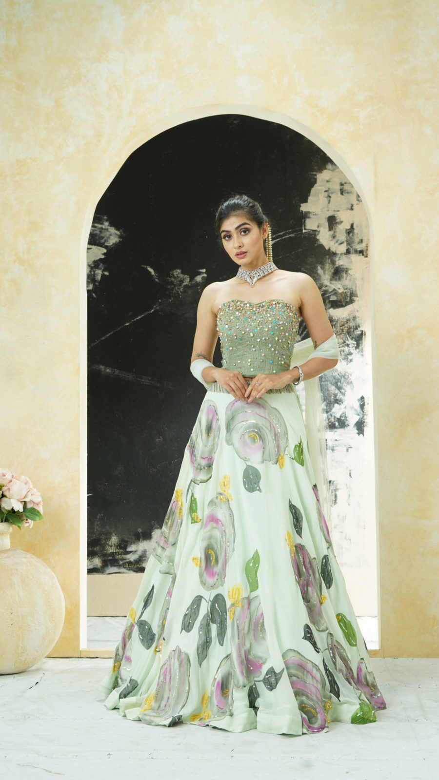 Mint Green Hand Painted Lehenga and Green Corset Set Black Thread Co 5