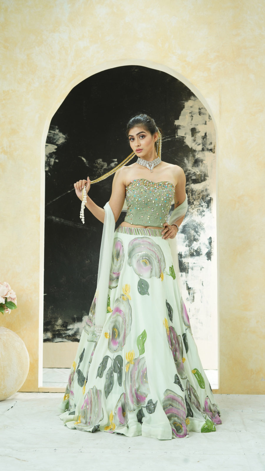 Mint Green Hand Painted Lehenga and Green Corset Set Black Thread Co 6