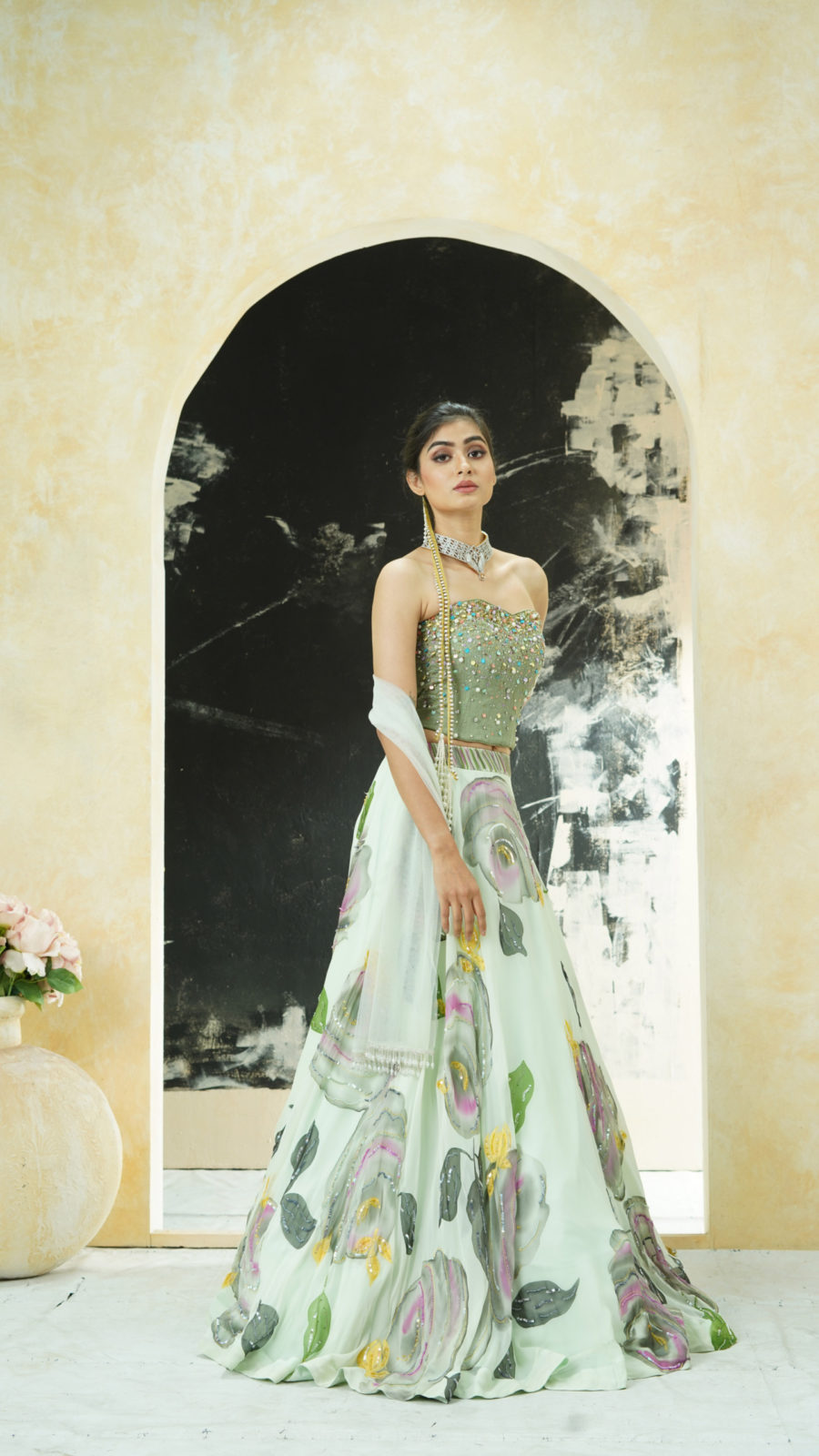 Mint Green Hand Painted Lehenga and Green Corset Set Black Thread Co 7