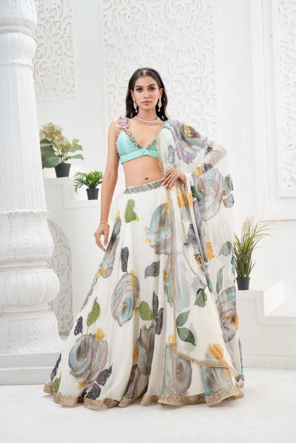 Ivory Hand Painted Lehenga and Mint Bralette Blouse Set Black Thread Co