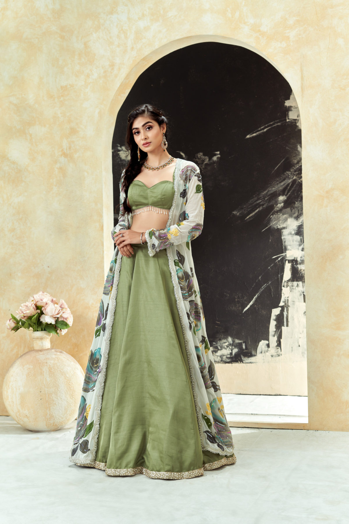 Sage Green Lehenga Set With Hand Painted Jacket Black Thread Co