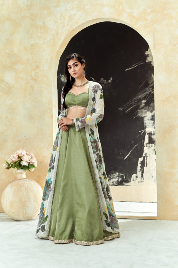 Sage Green Lehenga Set With Hand Painted Jacket Black Thread Co Sage Green Lehenga Set With Hand Painted Jacket Black Thread Co