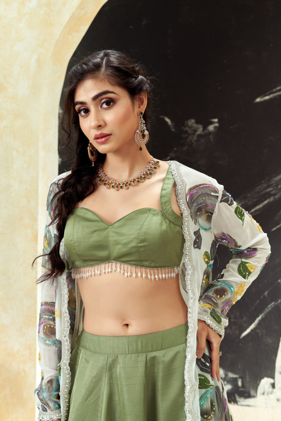 Sage Green Lehenga Set With Hand Painted Jacket Black Thread Co 4