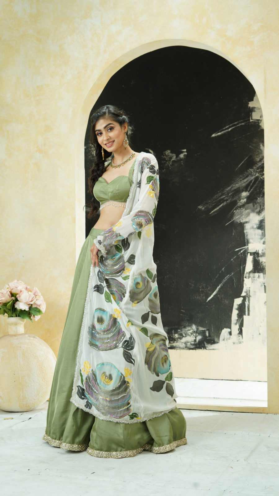 Sage Green Lehenga Set With Hand Painted Jacket Black Thread Co 5