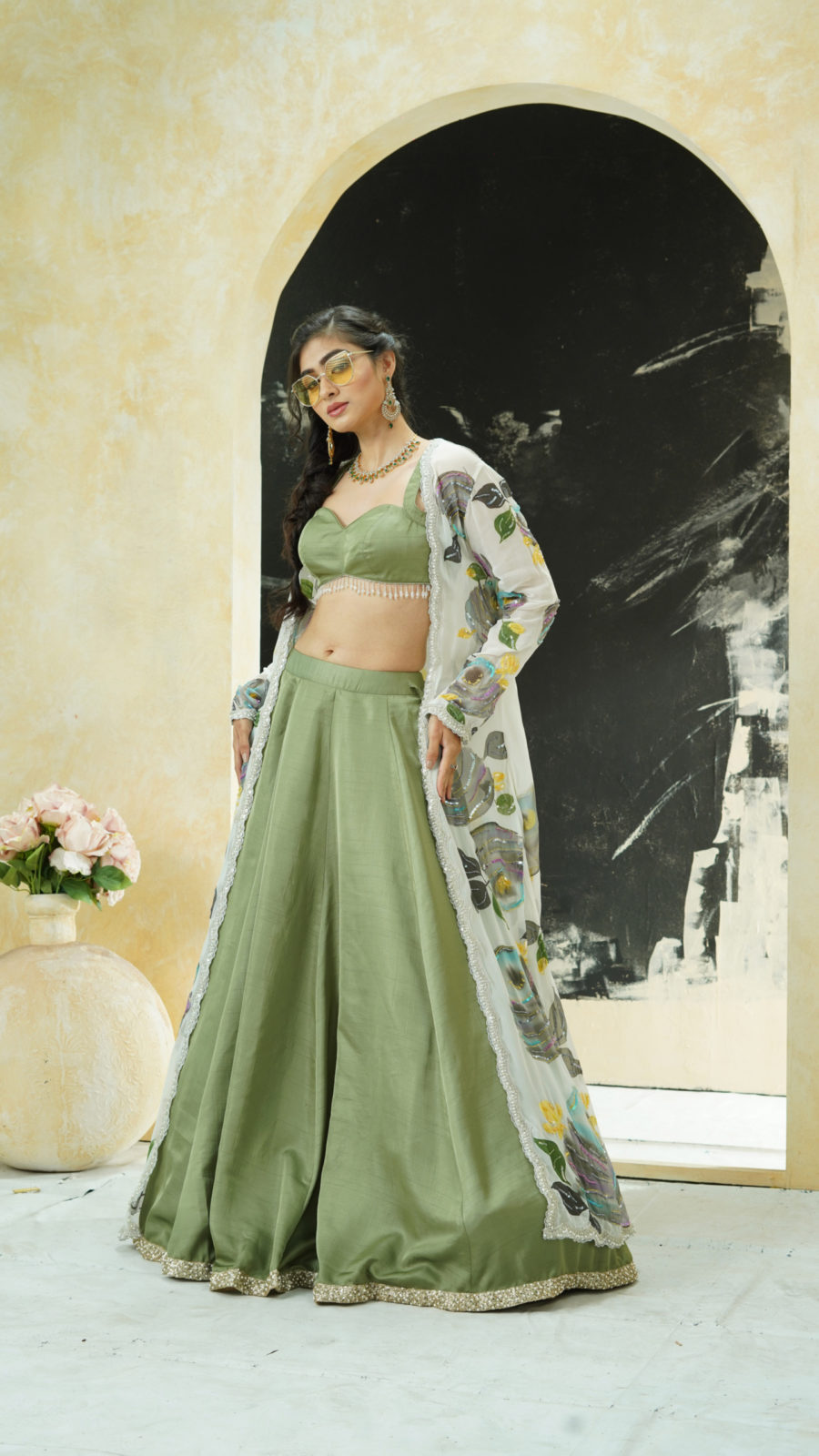 Sage Green Lehenga Set With Hand Painted Jacket Black Thread Co 6