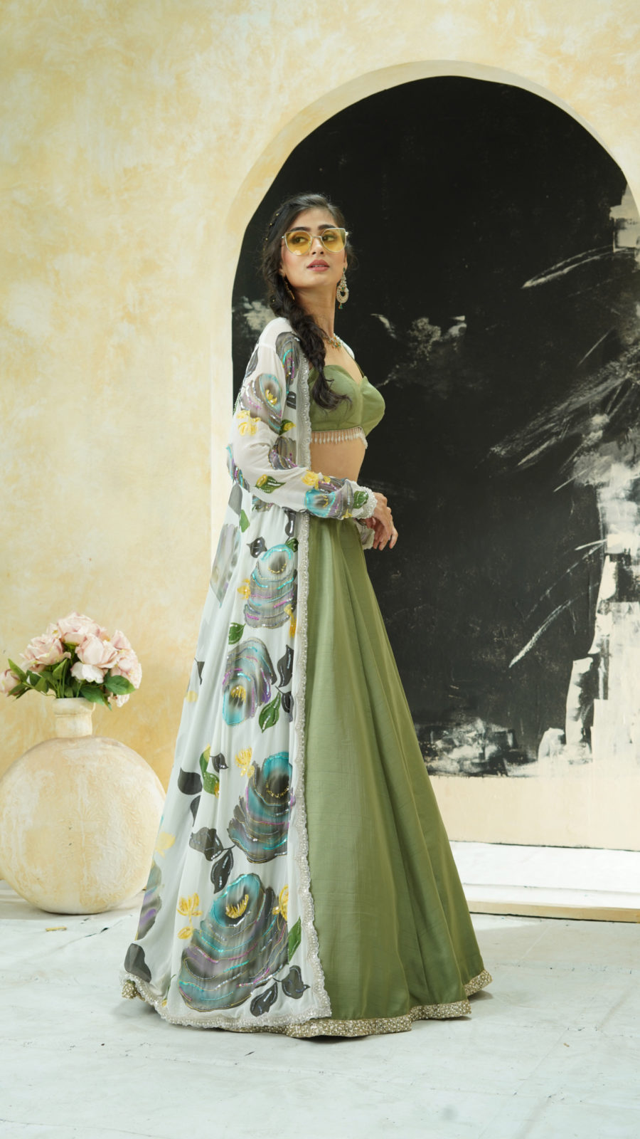 Sage Green Lehenga Set With Hand Painted Jacket Black Thread Co 7