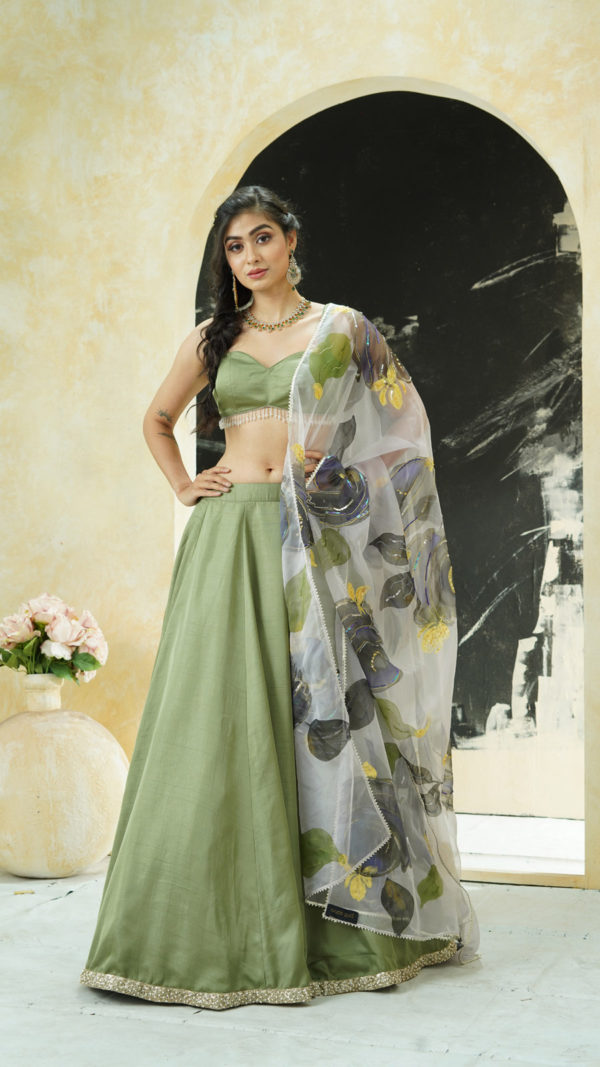 Sage Green Lehenga Set With Hand Painted Dupatta Black Thread Co Sage Green Lehenga Set With Hand Painted Dupatta Black Thread Co