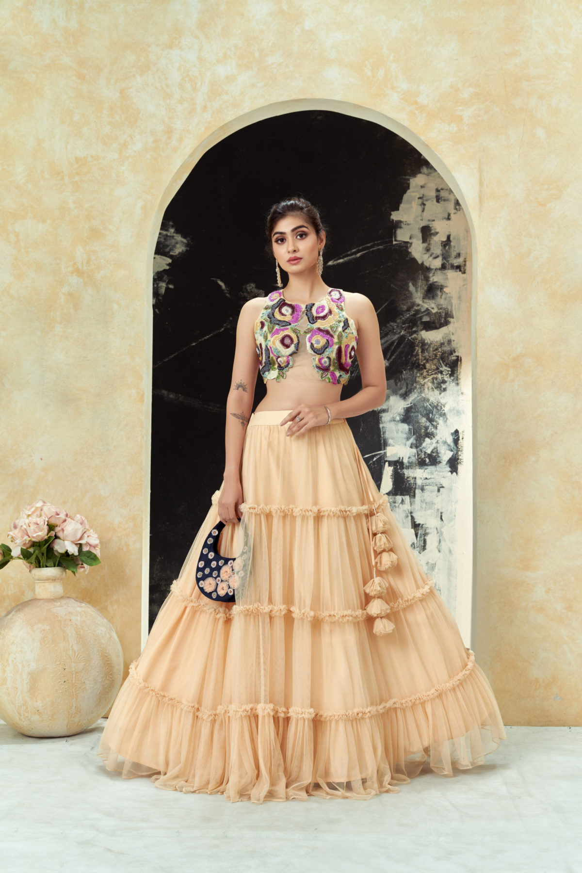 Multi-Hued Embroidered Blouse and Tier Skirt Set Black Thread Co