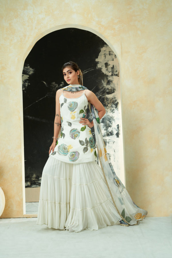 Ivory Hand Painted Slip Kurta and Sharara Set Black Thread Co Ivory Hand Painted Slip Kurta and Sharara Set Black Thread Co