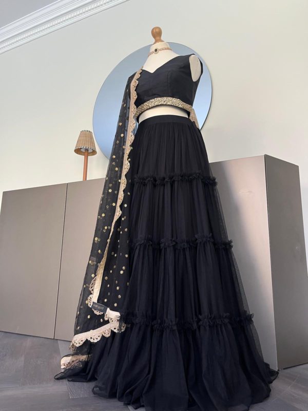 Black Tiered Tulle With Ruffle Detailing Lehenga Black Thread Co