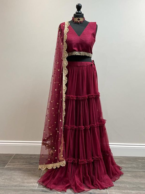 Burgundy Tiered Tulle With Ruffle Detailing Lehenga Black Thread Co