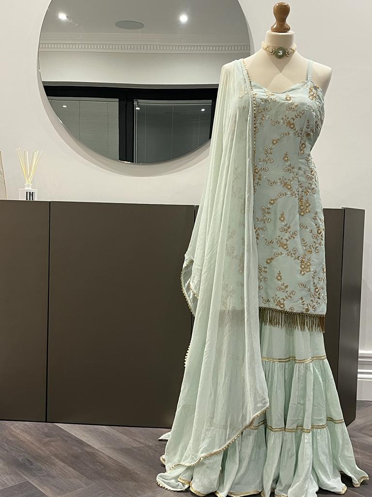 Designer Teal Blue Sharara Set Black Thread Co 2