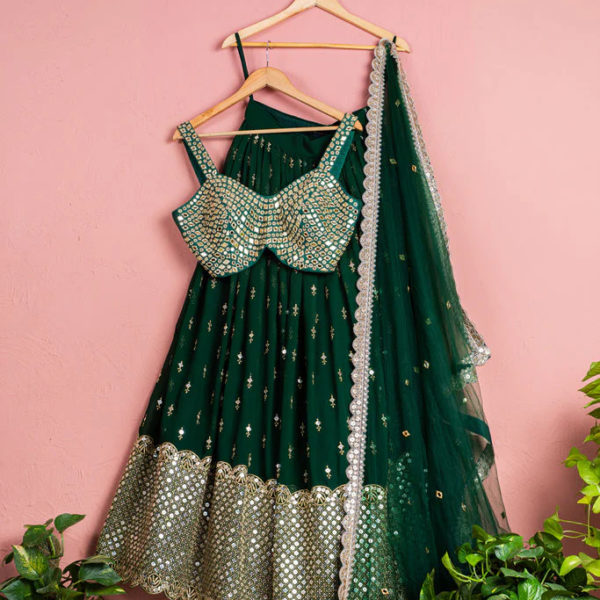 Forest Green Lehenga Set with Embroidered Mirror Blouse Black Thread Co Forest Green Lehenga Set with Embroidered Mirror Blouse Black Thread Co