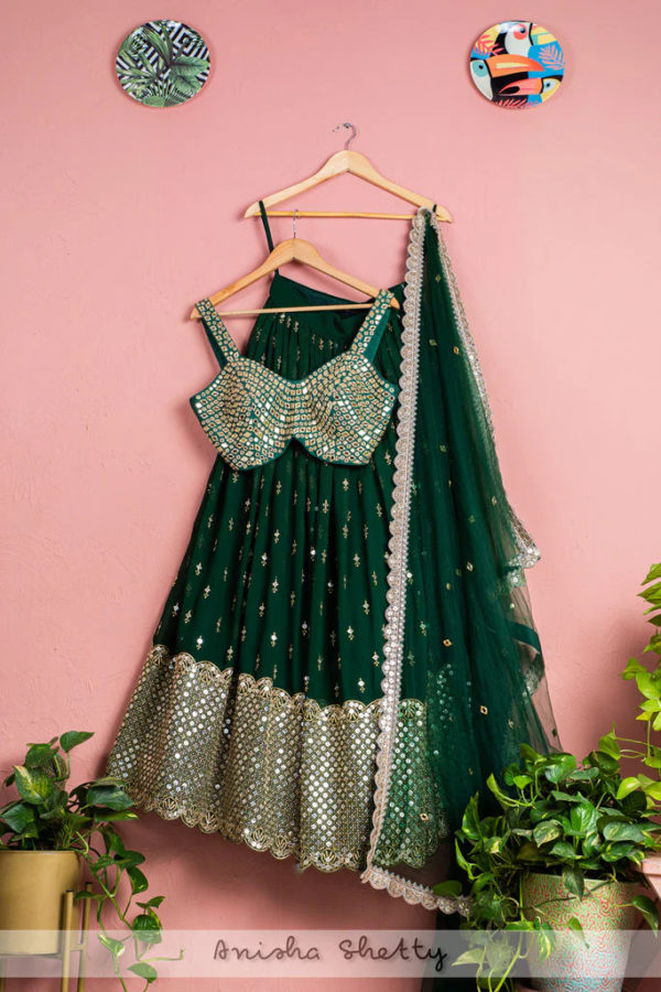 Forest Green Lehenga Set with Embroidered Mirror Blouse Black Thread Co