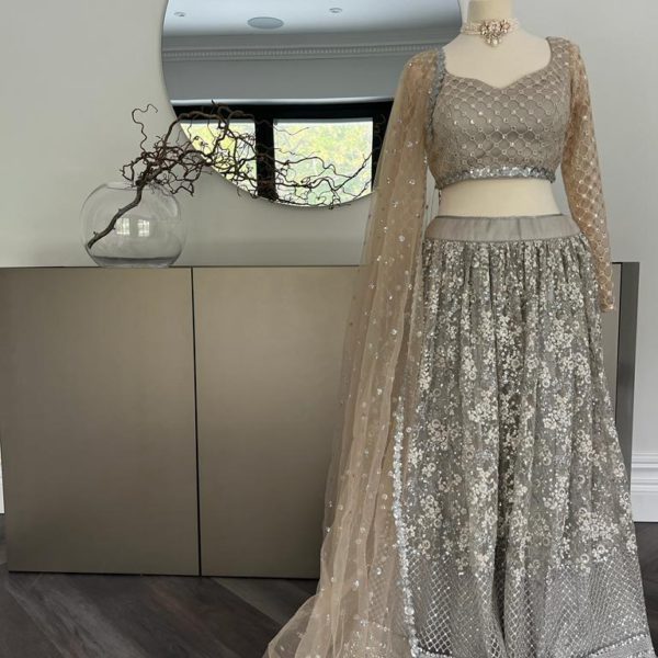 Grey & Beige Shimmer Lehenga with Full Sleeved Blouse Black Thread Co Grey & Beige Shimmer Lehenga with Full Sleeved Blouse Black Thread Co