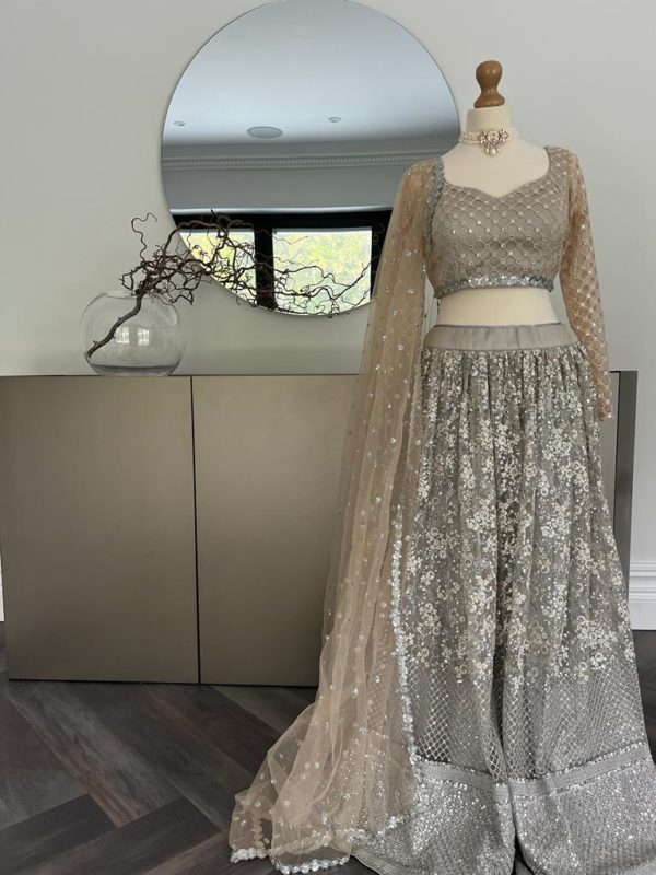 Grey & Beige Shimmer Lehenga with Full Sleeved Blouse Black Thread Co