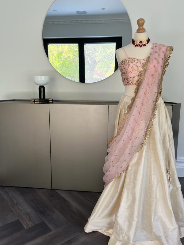 Ivory Silk Skirt with Pink Threadwork Bustier Blouse Black Thread Co