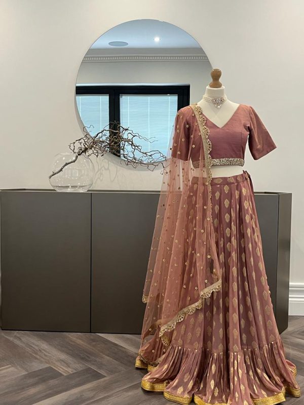 Mulberry Pink Georgette Butti Motif Lehenga Black Thread Co