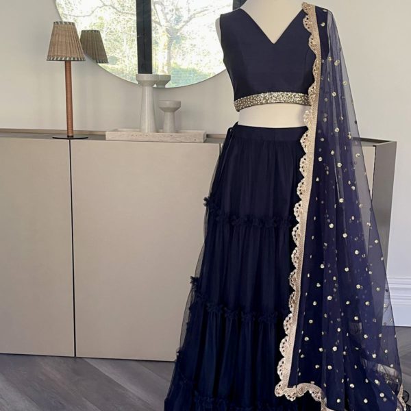 Navy Blue Tiered Tulle With Ruffle Detailing Lehenga Black Thread Co Navy Blue Tiered Tulle With Ruffle Detailing Lehenga Black Thread Co