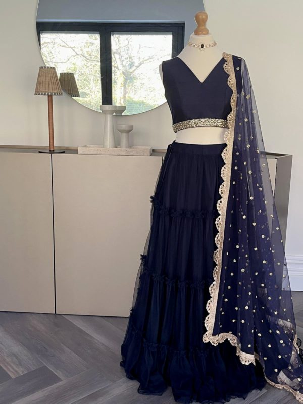 Navy Blue Tiered Tulle With Ruffle Detailing Lehenga Black Thread Co