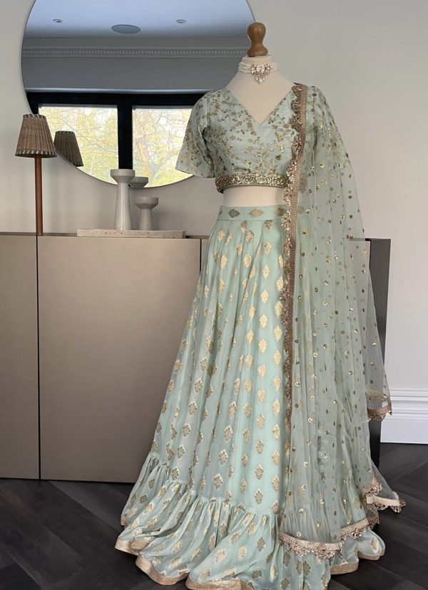 Pale Mint Georgette Butti Motif Lehenga Black Thread Co