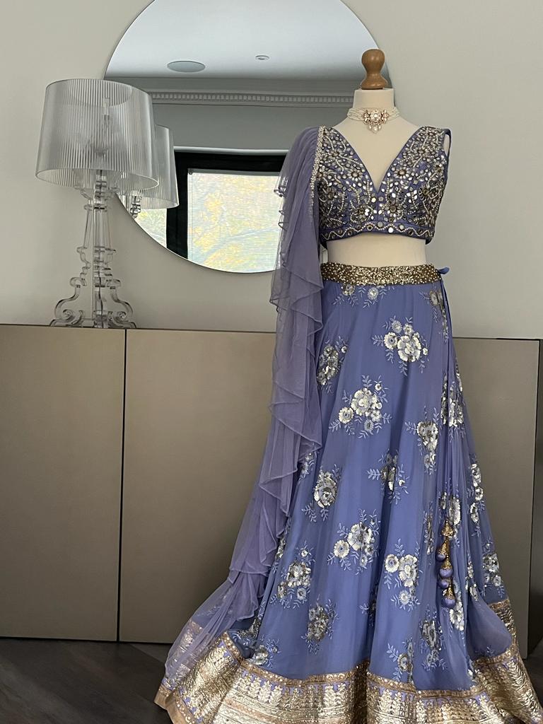 Turkish Blue Butti Georgette Lehenga Black Thread Co