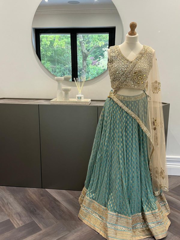 Turkish Blue Butti Georgette Lehenga Black Thread Co