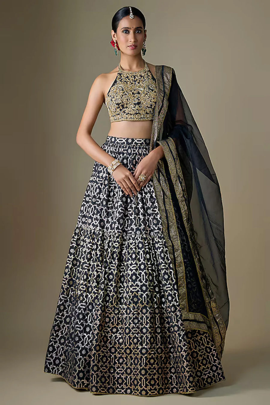 Black Banarasi Chanderi Geometric Printed Lehenga Set Black Thread Co