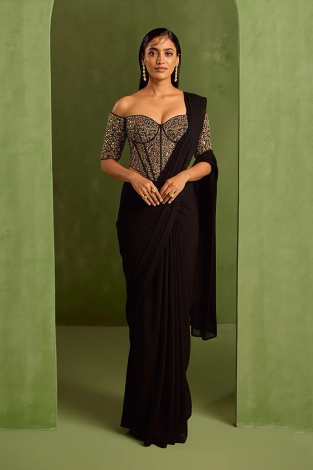 Green Pre Draped Saree Set Black Thread Co 2