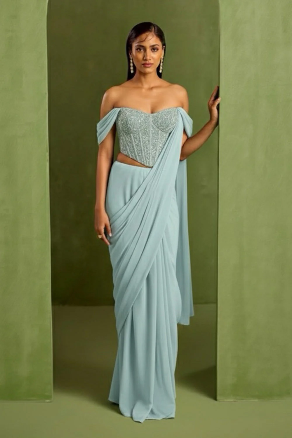 Blue Pre Draped Saree Set Black Thread Co