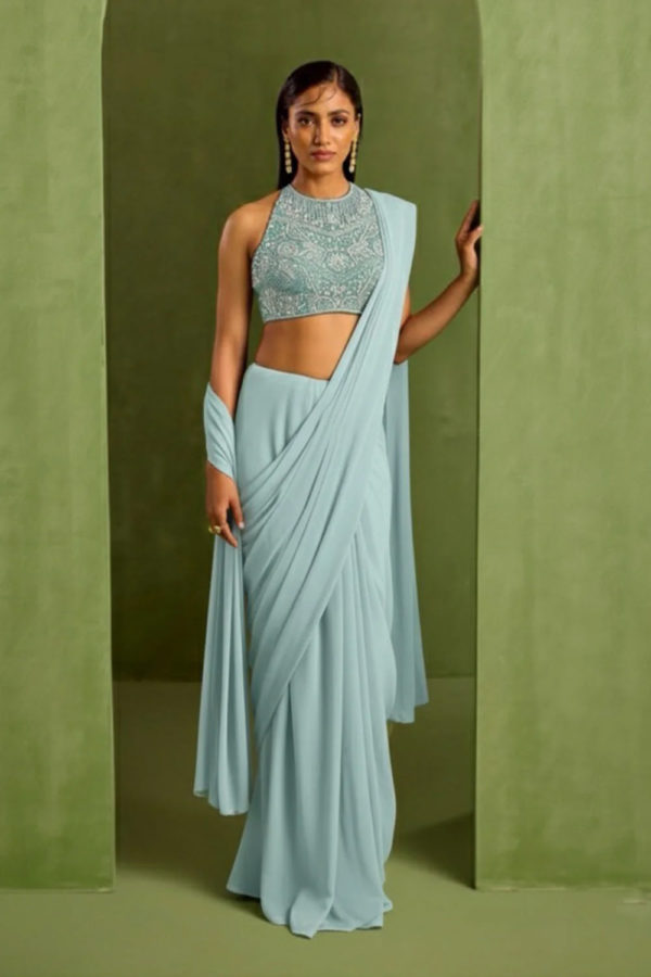 Blue Pre Draped Saree Set Black Thread Co