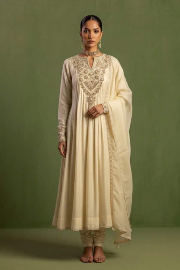 Chanderi Silk Hand Embroidered Kurta Set in Ivory Black Thread Co Chanderi Silk Hand Embroidered Kurta Set in Ivory Black Thread Co
