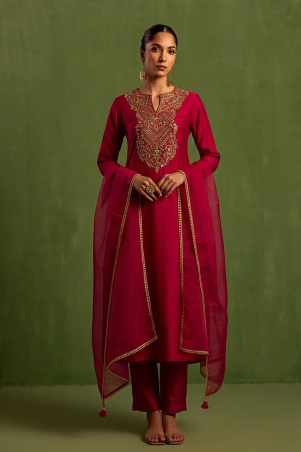 Fuscia Chanderi Silk Hand Embroidered Kurta Set Black Thread Co