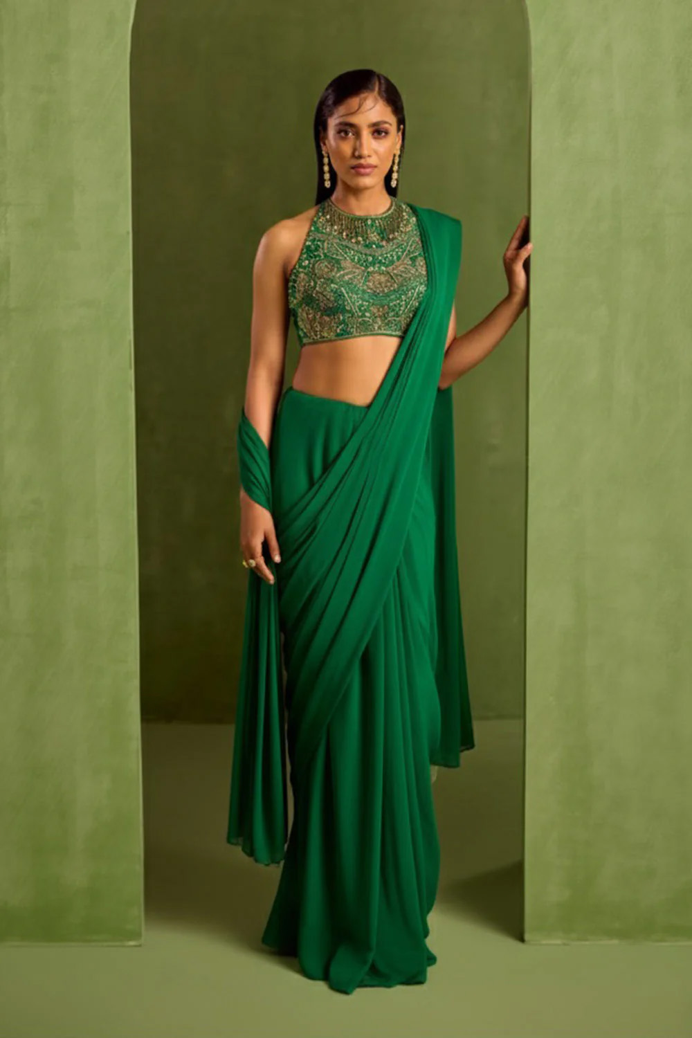 Green Pre Draped Saree Set Black Thread Co