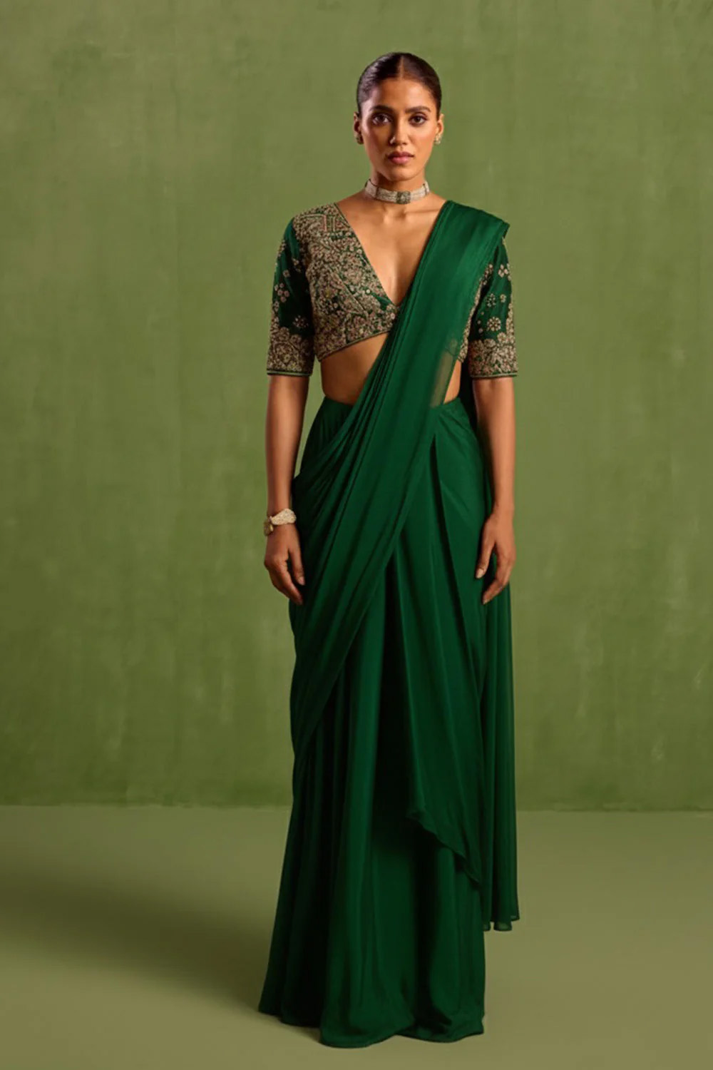 Green Pre Draped Saree Set Black Thread Co Green Pre Draped Saree Set Black Thread Co