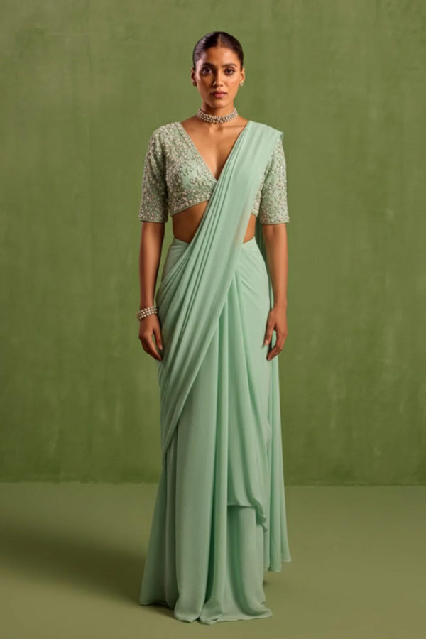 Green Pre Draped Saree Set Black Thread Co 3 Green Pre Draped Saree Set Black Thread Co 3