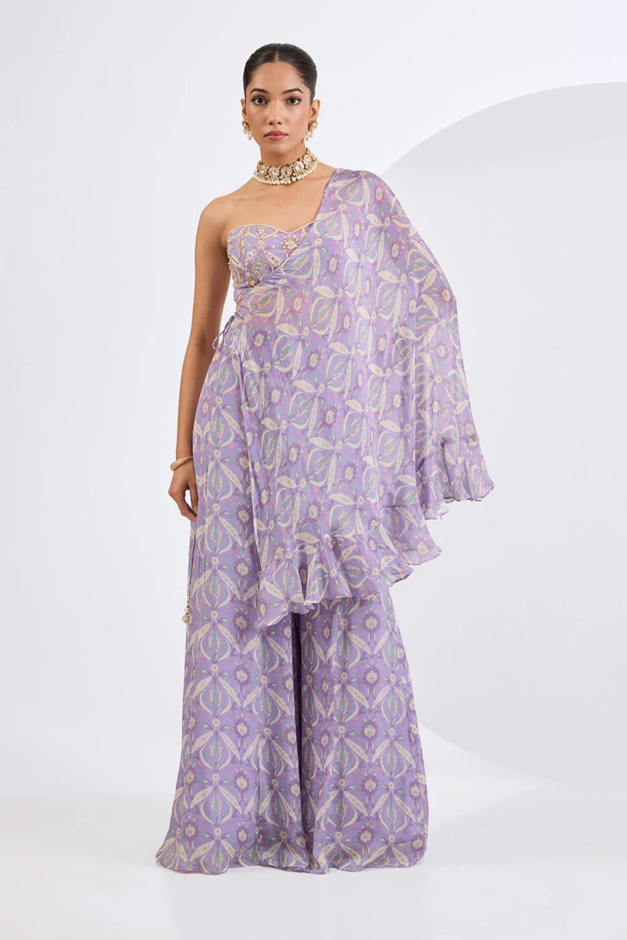 Lilac Printed Cape Sharara Set Black Thread Co