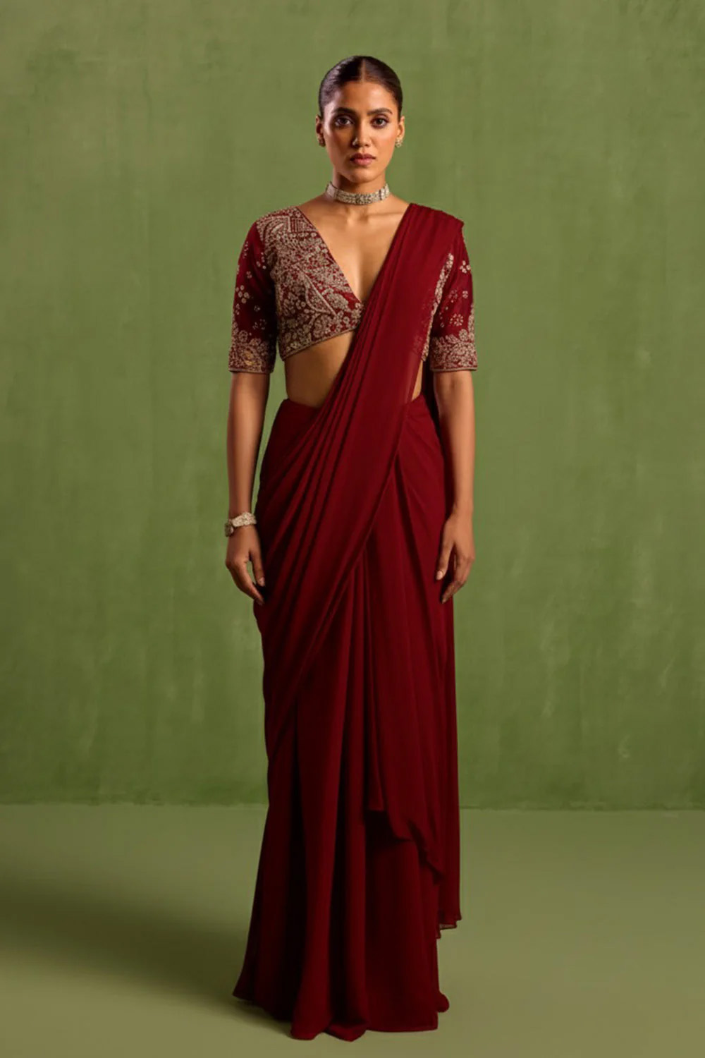 Maroon Pre Draped Saree Set Black Thread Co