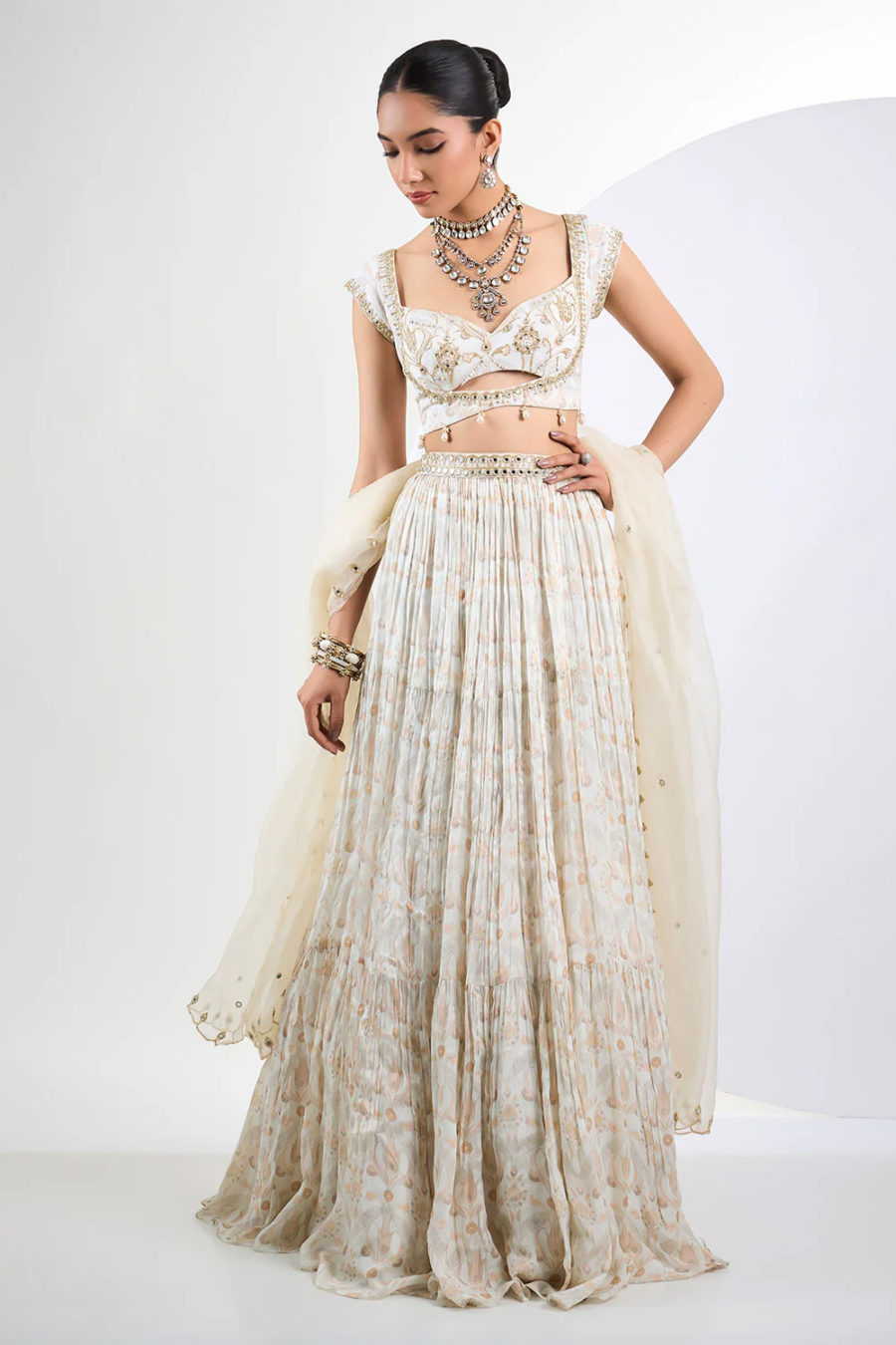 Printed Chinon Chiffon Ivory Lehenga Set with Pearl Tassels and Organza Dupatta Black Thread Co
