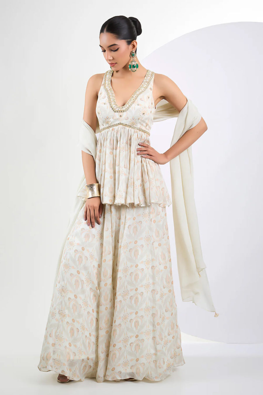Printed Chinon Chiffon Ivory Sharara Set with Chinon Dupatta Black Thread Co