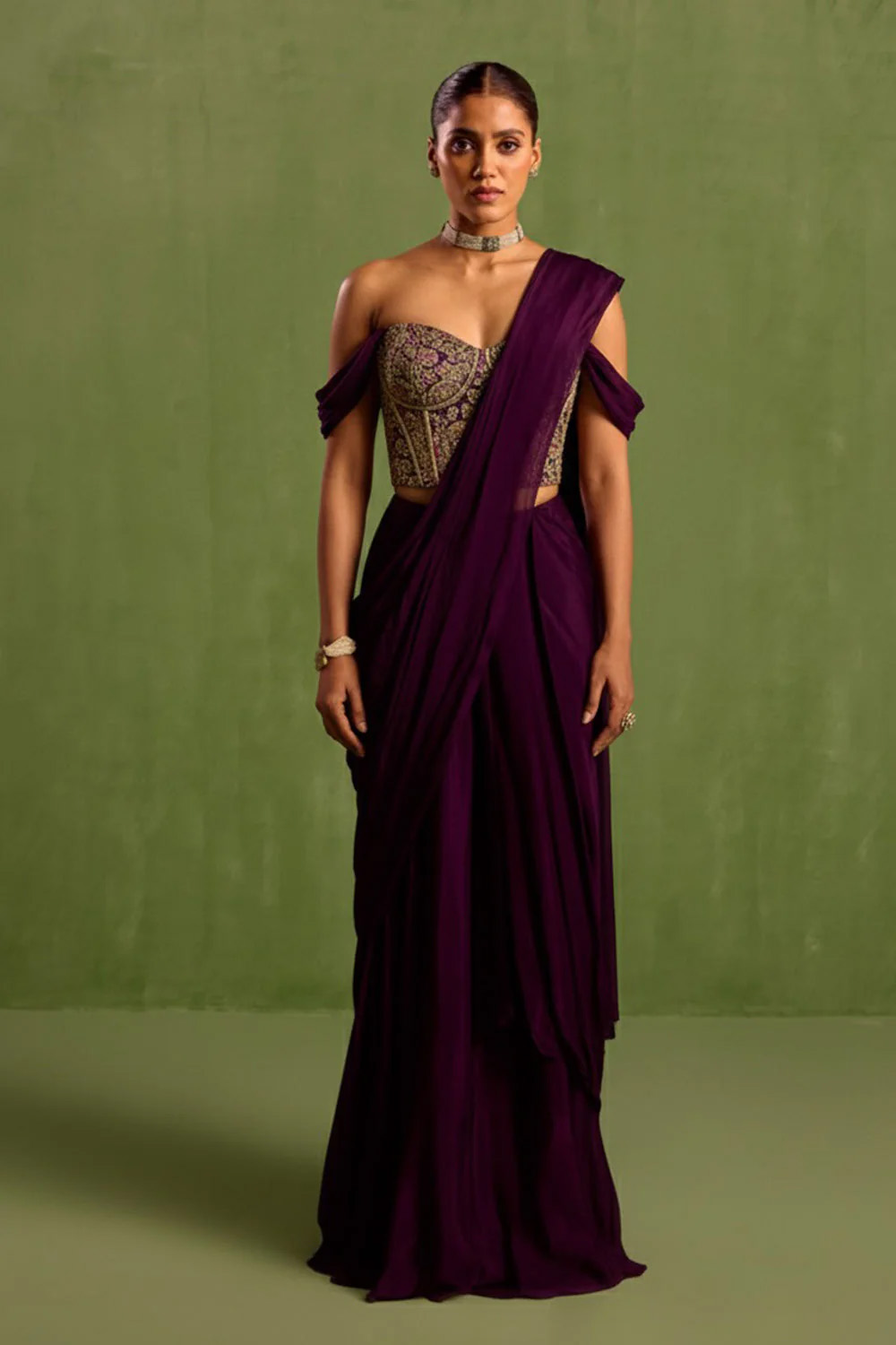 Purple Pre Draped Saree Set Black Thread Co