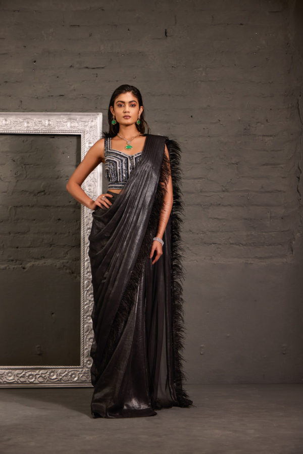 Black Hand Embroidred Blouse With Feather Palla Drape Saree Black Thread Co Black Hand Embroidred Blouse With Feather Palla Drape Saree Black Thread Co